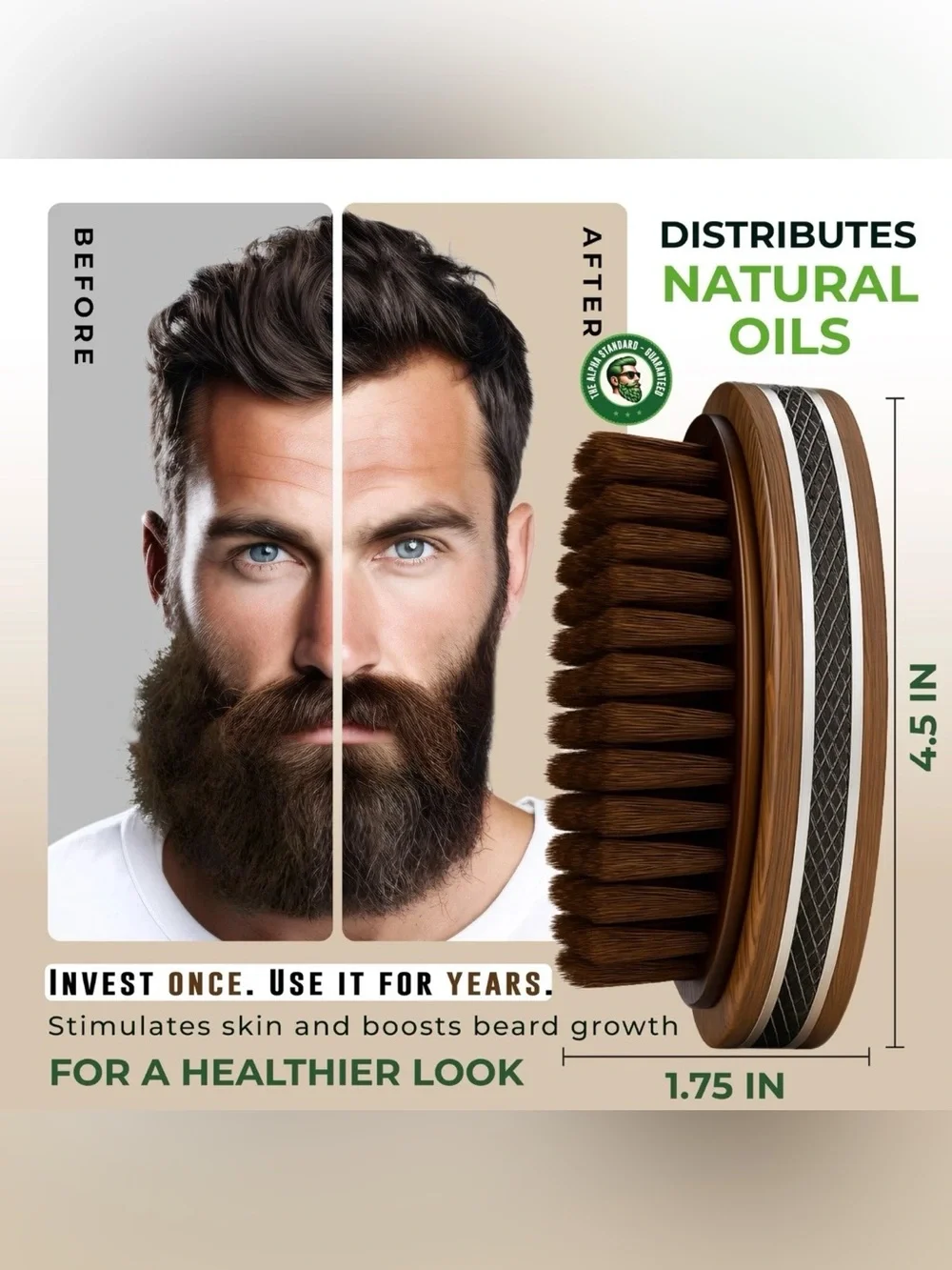Alpha Organics Premium Beard Brush | Natural Boar Bristle & Walnut Wood NIB